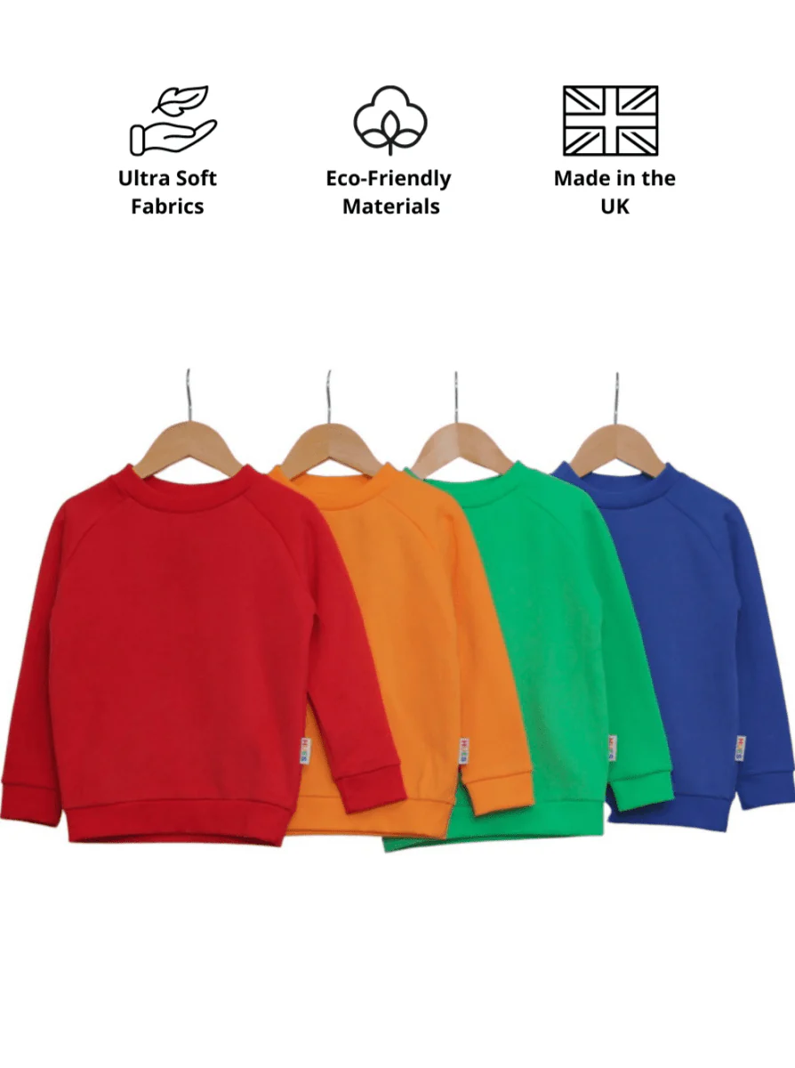 A row of jumpers in Hues colours red orange green and blue